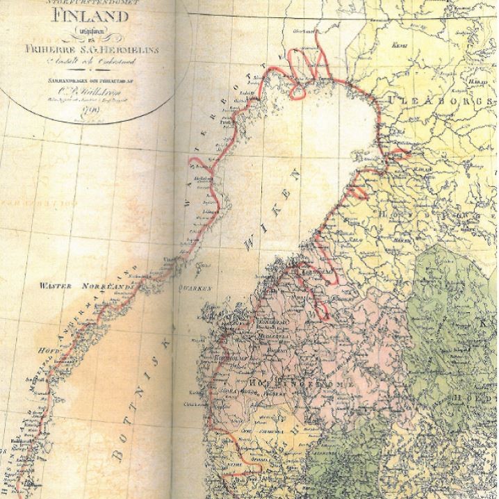 Laivanrakentaja Chapmanin matkaa Suomeen kuvaava kartta, joka on rajattu jättäen keskiöön Pohjanlahden.