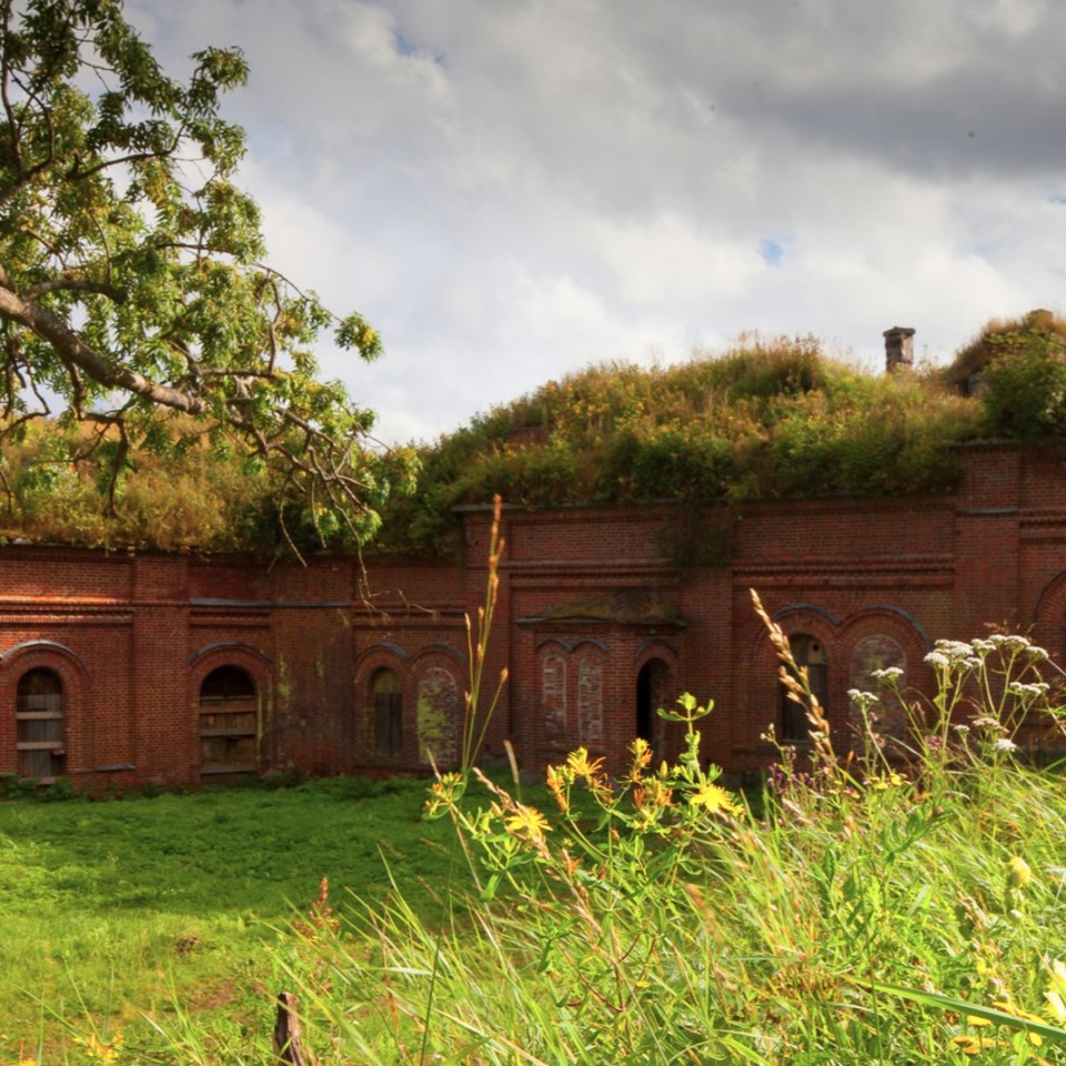 Vehreä heinikko Vallisaaren punatiilisen linnoituksen edustalla.
