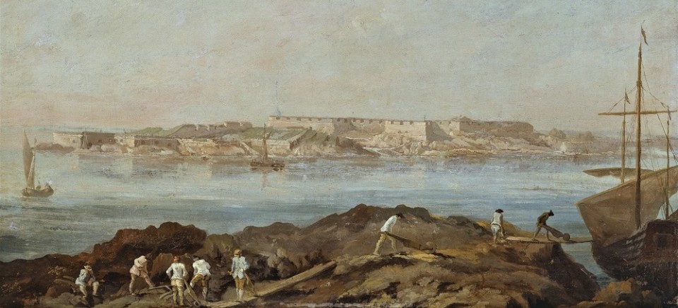 Elias Martinin maalaus Suomenlinnasta Vallisaaren suunnalta kuvattuna. Alkuperäinen teos on Ruotsin kansallismuseossa.
