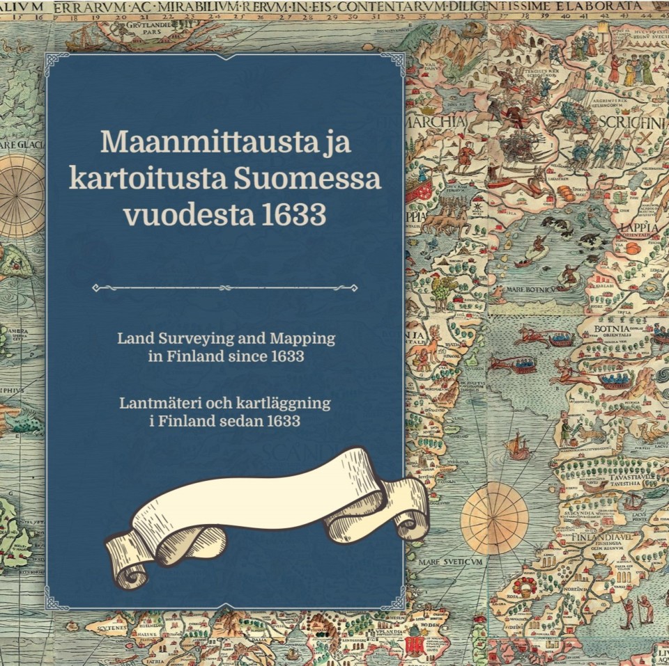 Maanmittauslaitoksen karttakuva ”Maanmittaus ja kartoitus Suomessa 390 vuotta” -näyttelystä.